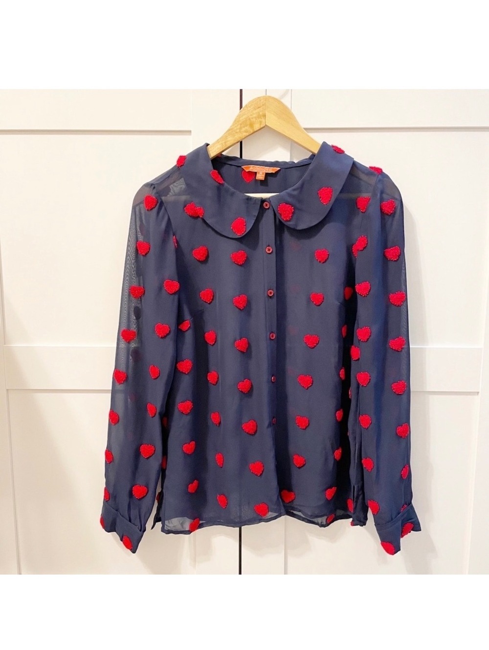 ModCloth Navy Blue Sheer Blouse with Red Heart Embroidery, Size L - Picture 2 of 4